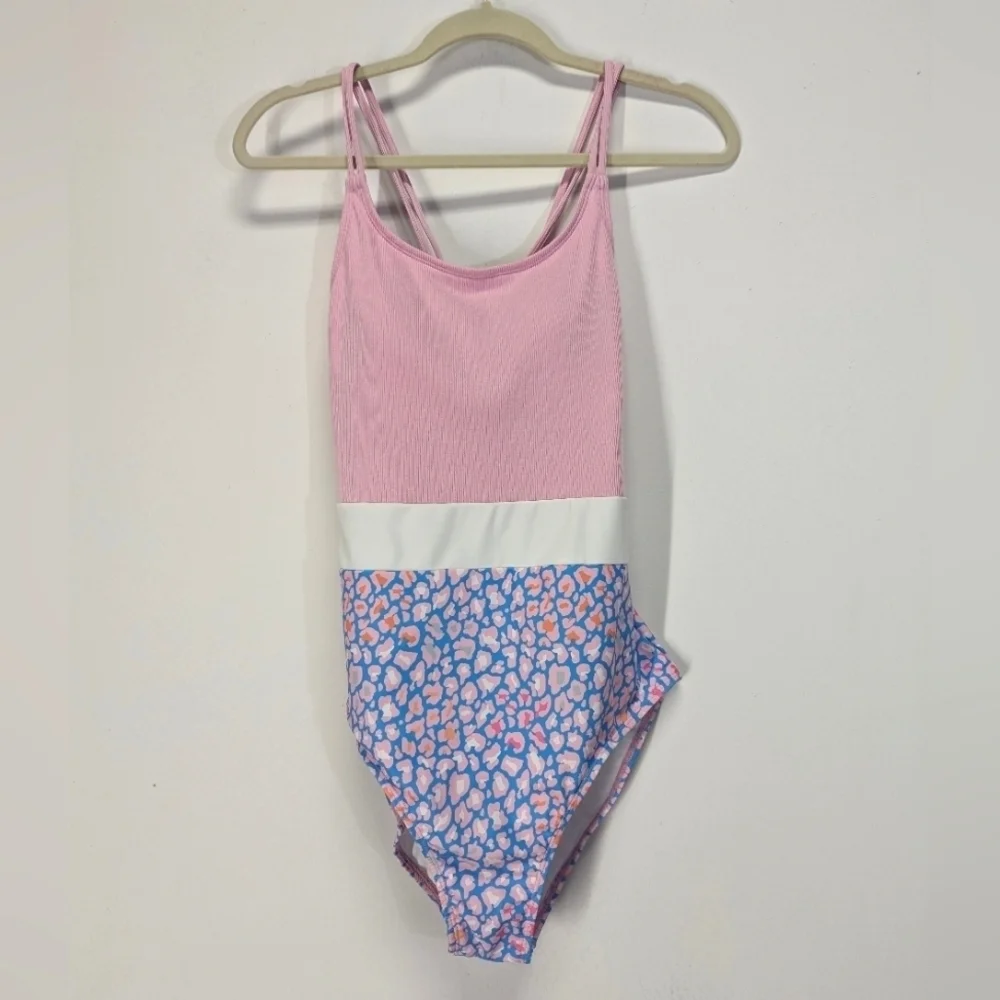 NWT Pink Ribbed Color Block One Piece Swimsuit M Criss Cross Back